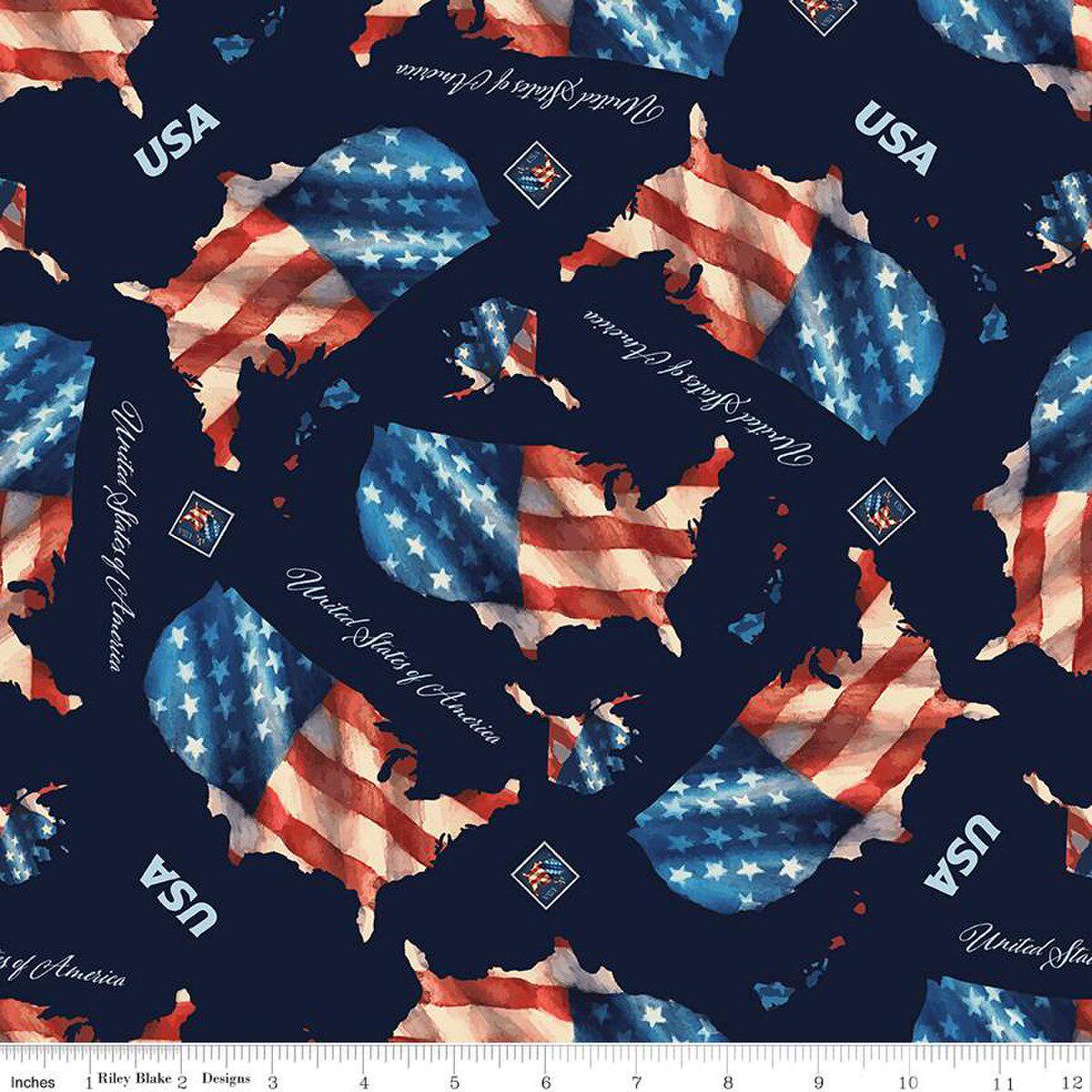 Letters From Home Main Navy - Riley Blake Designs - Map American Flag Patriotic USA United States - Quilting Cotton Fabric - C15610 - NAVY - Ray of Sonshine Design