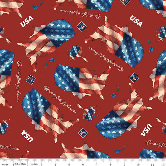 Letters From Home Main Red - Riley Blake Designs - Map American Flag Patriotic USA United States - Quilting Cotton Fabric - C15610 - RED - Ray of Sonshine Design