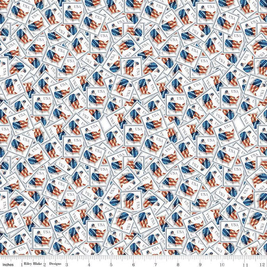 Letters From Home Stamps White - C15613 - WHITE - Riley Blake Designs - Postage Stamps Mail America Patriotic USA - Quilting Cotton Fabric - Ray of Sonshine Design