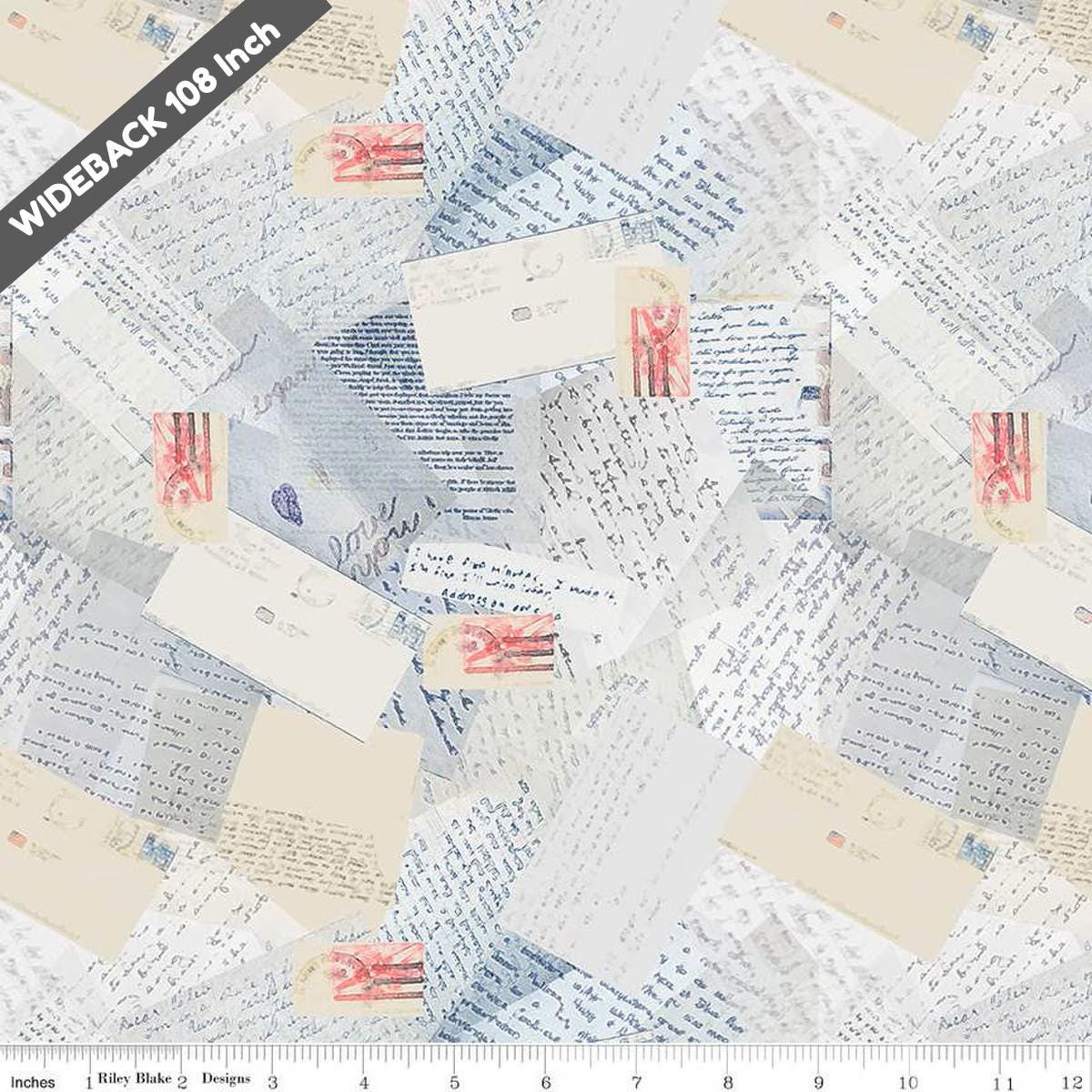 Letters From Home Vintage Blue - Black Riley Blake 107/108" Wide Back Cotton Fabric - Letters From Home Vintage Blue - Ray of Sonshine Design