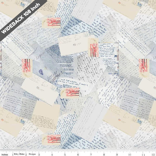 Letters From Home Vintage Blue - Black Riley Blake 107/108" Wide Back Cotton Fabric - Letters From Home Vintage Blue - Ray of Sonshine Design