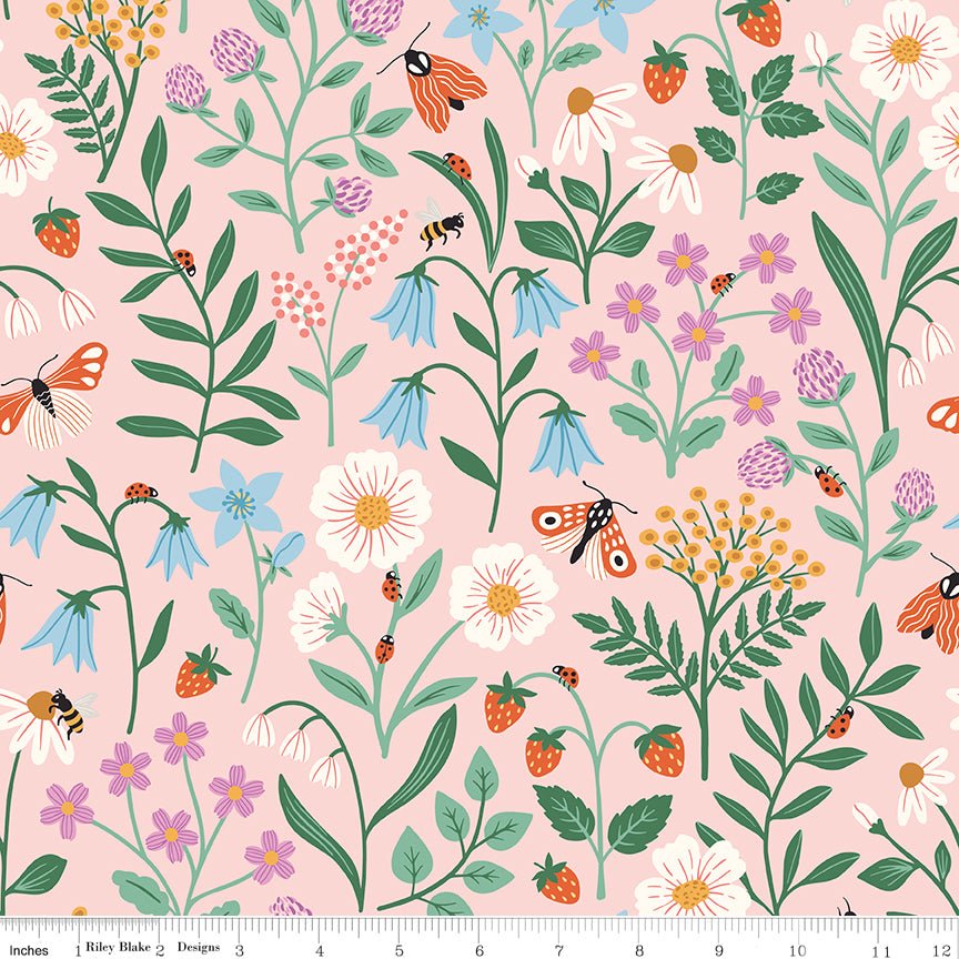 Meadow Moments Blooms and Bugs Pink Fabric by the Yard or Fat Quarter - Riley Blake Designs - Ray of Sonshine Design
