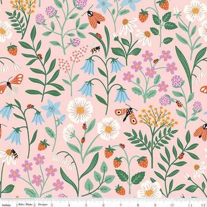 Meadow Moments Blooms and Bugs Pink Fabric by the Yard or Fat Quarter - Riley Blake Designs - Ray of Sonshine Design