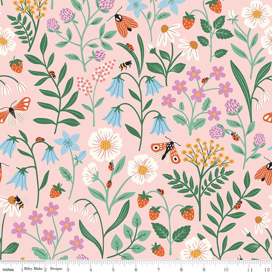 Meadow Moments Blooms and Bugs Pink Fabric by the Yard or Fat Quarter - Riley Blake Designs - Ray of Sonshine Design