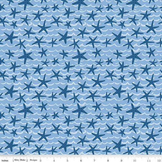 Ocean Oasis Starfish Aqua - Riley Blake Designs - starfish on waves - Cotton Fabric - C15993 - AQUA - Ray of Sonshine Design