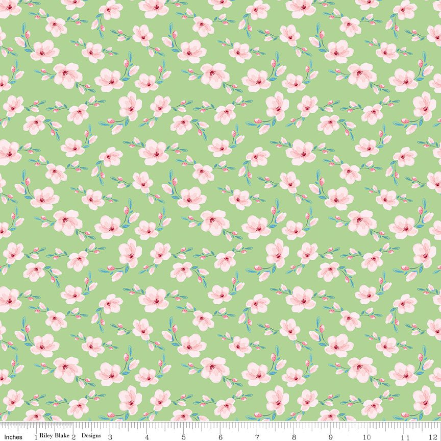 Painted Petals Blossoms Green Fabric by the Yard or Fat Quarter - Lila Tueller for Riley Blake Designs - Ray of Sonshine Design