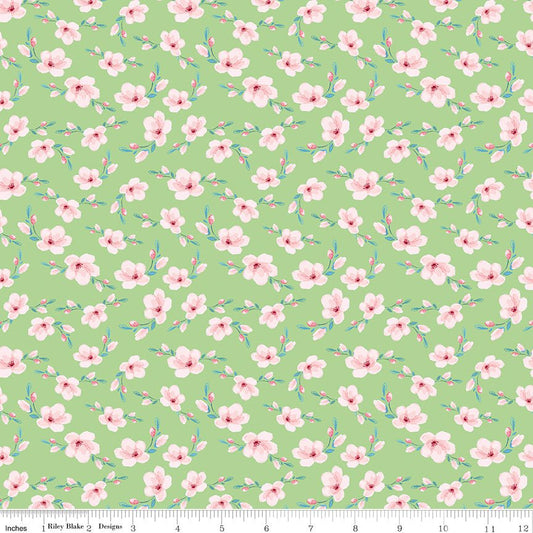Painted Petals Blossoms Green Fabric by the Yard or Fat Quarter - Lila Tueller for Riley Blake Designs - Ray of Sonshine Design