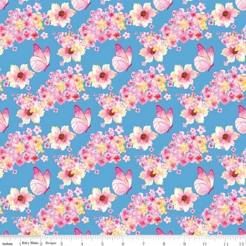 Painted Petals Butterfly Floral Blue Riley Blake Designs Cotton Fabric by the Yard - Ray of Sonshine Design