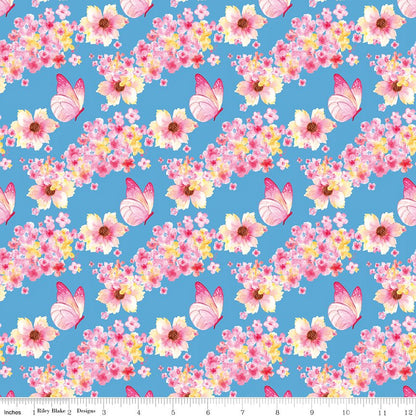 Painted Petals Butterfly Floral Blue Riley Blake Designs Cotton Fabric by the Yard - Ray of Sonshine Design