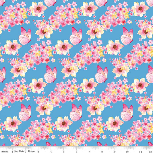Painted Petals Butterfly Floral Blue Riley Blake Designs Cotton Fabric by the Yard - Ray of Sonshine Design