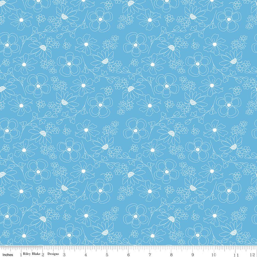 Painted Petals Outlined Flowers Blue Fabric by the Yard or Fat Quarter - Lila Tueller for Riley Blake Designs - Ray of Sonshine Design