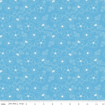 Painted Petals Outlined Flowers Blue Fabric by the Yard or Fat Quarter - Lila Tueller for Riley Blake Designs - Ray of Sonshine Design