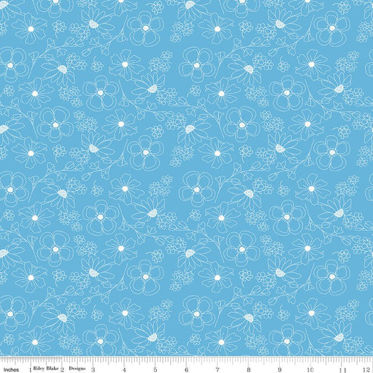 Painted Petals Outlined Flowers Blue Fabric by the Yard or Fat Quarter - Lila Tueller for Riley Blake Designs - Ray of Sonshine Design