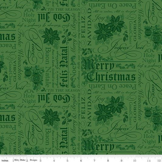 Poinsettias at Christmas Text Green Christmas Jennifer Bosworth Riley Blake Fabric by the Yard - Ray of Sonshine Design