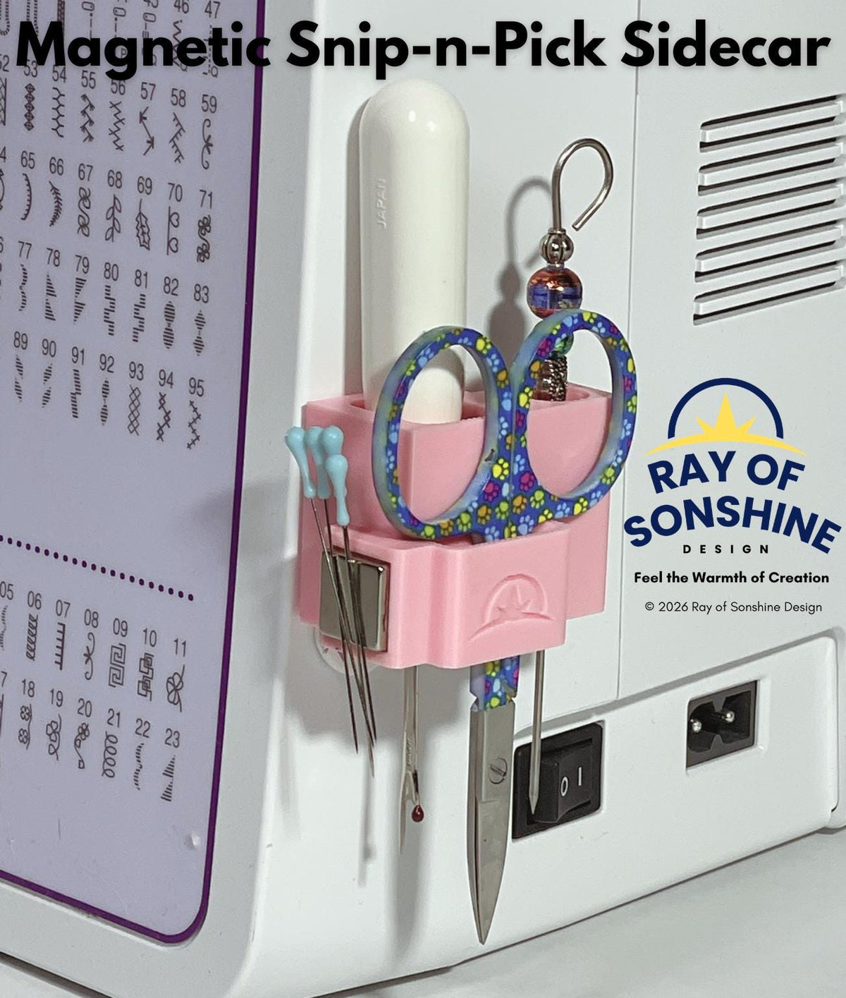 Snip-n-Pick Sidecar™ | Magnetic Sewing Machine Organizer for Pins, Needles, Scissors, Stiletto & Seam Ripper - Ray of Sonshine Design
