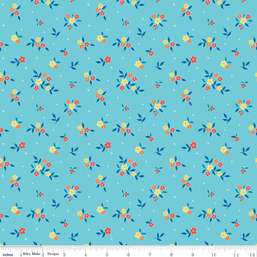 Summer's in Town Floral Aqua Fabric by the Yard or Fat Quarter - Sandy Gervais for Riley Blake Designs - Ray of Sonshine Design