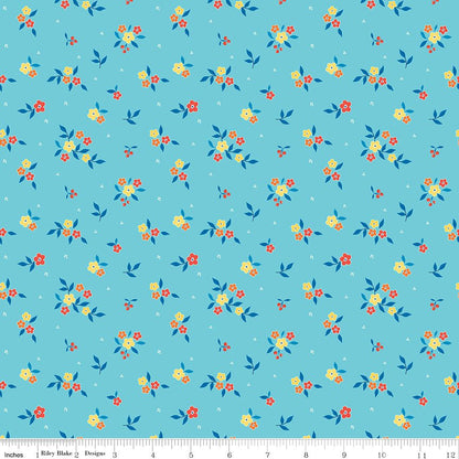 Summer's in Town Floral Aqua Fabric by the Yard or Fat Quarter - Sandy Gervais for Riley Blake Designs - Ray of Sonshine Design