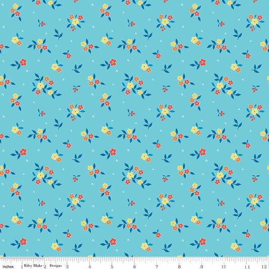 Summer's in Town Floral Aqua Fabric by the Yard or Fat Quarter - Sandy Gervais for Riley Blake Designs - Ray of Sonshine Design