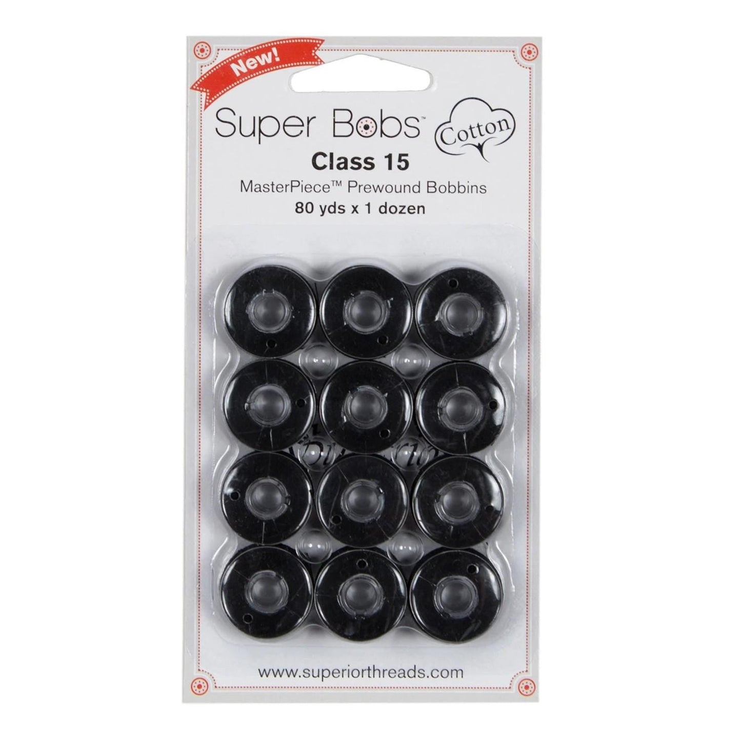 Super Bobs MasterPiece Cotton 80yd Prewound Bobbins 12ct Class 15 Raven 150 - 12 - 161 - Ray of Sonshine Design
