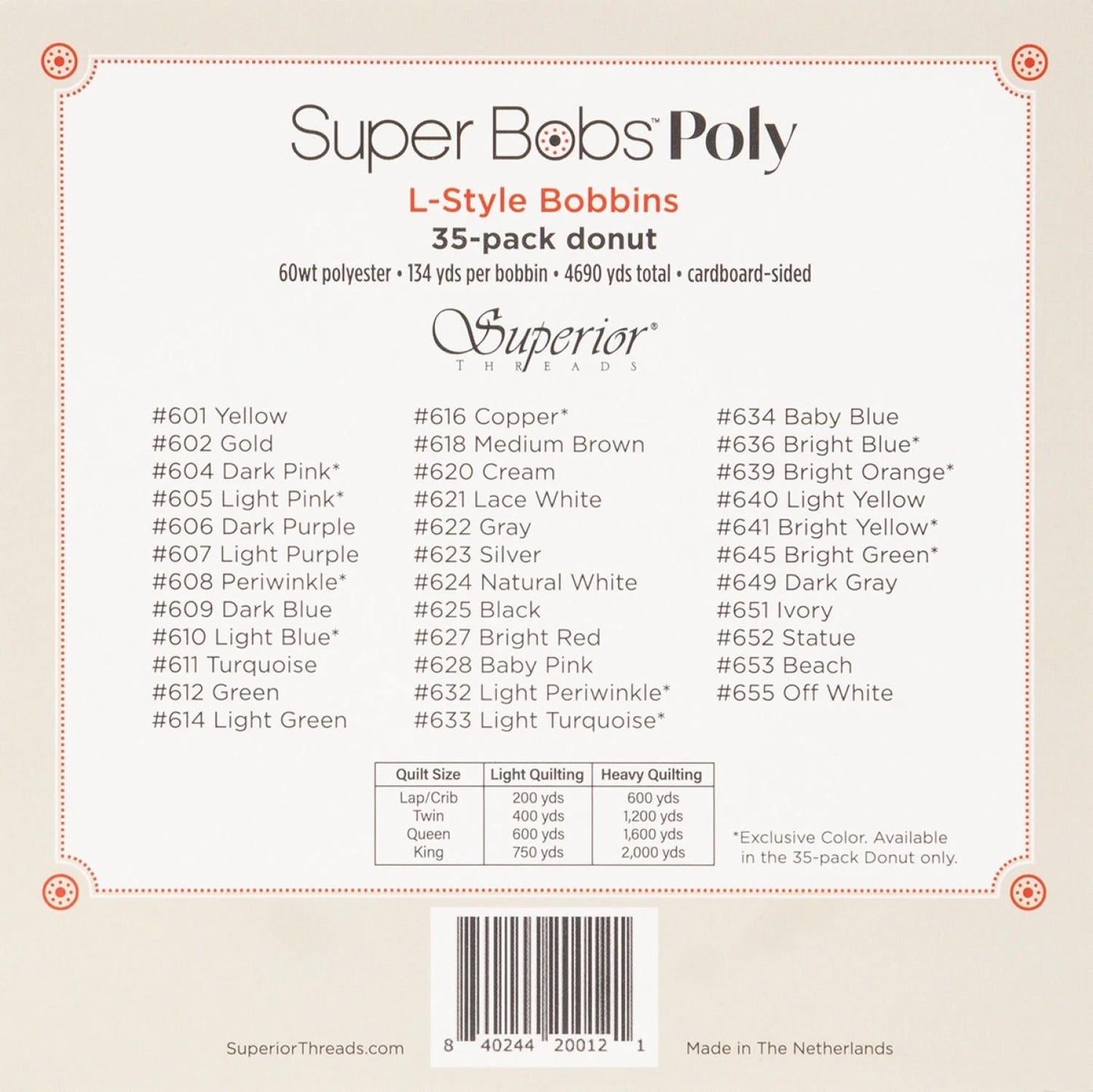 SuperBobs Polyester Bobbin 35 Color L - Style Donut Set 300 - SBD - 35 - Ray of Sonshine Design