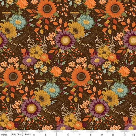 The Awe of Autumn Main Brown - Floral Quilting Fabric by the Yard - Ray of Sonshine Design