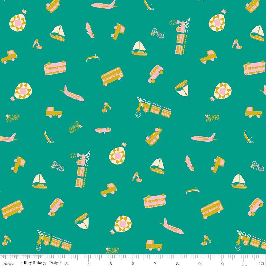 The Genesis of a Journey Modes of Travel Teal - Riley Blake Designs - Cotton Fabric by the yard - C16932 - TEAL - Ray of Sonshine Design