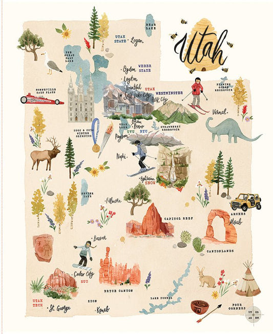 Utah Map Fabric Panel 35 1/2" x 43 1/2" | Riley Blake Designs - Ray of Sonshine Design