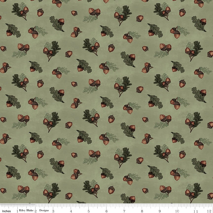 Whispering Pines Acorns Green Fabric by the Yard - Ray of Sonshine Design